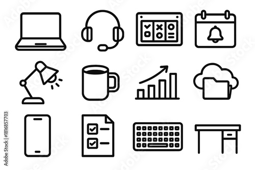 Remote Work Essentials. Remote Productivity Setup linear icon set: laptop, headset mic, task board, calendar reminder, wireless keyboard, focused lamp, coffee mug, progress chart