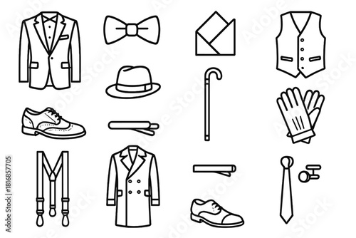 Classic Menswear Icons. Classic menswear linear icon set: tuxedo, bow tie, pocket square, vest, brogues, fedora, cane, gloves, suspenders, overcoat, tie clip, cufflinks