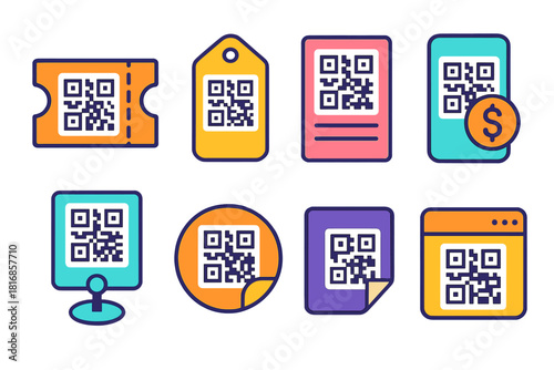 Vibrant QR Code Icons. QR code uses flat icon set: ticket pass, product tag, menu card, payment symbol, info sign, label sticker, card corner, code popup
