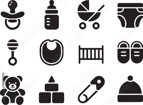Adorable baby essentials icon set for new parents