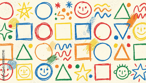 Funky crayon drawn geometric shapes and lines. Colorful pencil or chalk drawn naive Swiss design aesthetic. Basic geometric shapes, dots, playful pattern, primitive forms and figures