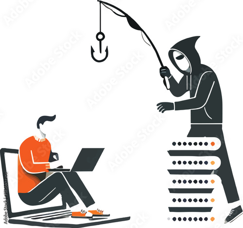 Cybercrime concept illustrating phishing attack with hacker targeting individual online and stealing information.