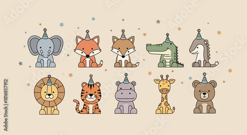Cute Cartoon Animals Wearing Party Hats, Adorable Animal Characters Celebrating a Birthday or Event