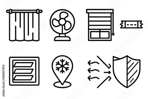 Home Heat Control Icons. Home Heat Control Set linear icon set: insulated curtain panel, cooling fan icon, shade cloth tile, thermal barrier strip, vent adjuster, cool-zone marker