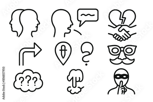 Deceptive Iconography. Social Deception linear icon set: two-faced silhouette, misleading speech bubble, diverted arrow, hidden intent marker, disguise line, trust break icon