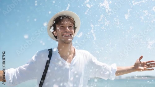 This footage captures a happy young man playing in the ocean waves. Perfect for summer-themed projects. Highlight joyful beach experiences and carefree summer vibes. Generative AI