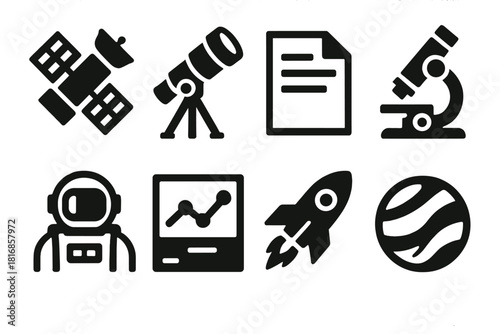Brutalist Icon Set. Orbital Research silhouette icon set. satellite, telescope, document, microscope, astronaut, data chart, rocket, planet.