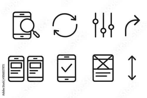UX Design Icons. IT User Experience Design Actions linear icon set: test icon, iterate loop, adjust slider, refine arrow, compare screens, validate check, structure frame, align