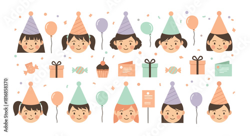 Collection of adorable cartoon children wearing party hats with balloons, cupcakes, and gifts, perfect for birthday celebrations and invitations