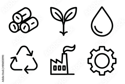 Biomass Energy Icons. Biomass Energy linear icon set: wood pellet, plant, fuel drop, recycling sign, factory, gear