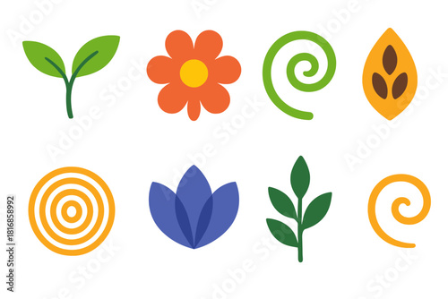 Vibrant Botanical Icons. Botanical storytelling elements flat icon set: leaf sprout, blooming flower, vine curl, seed pod, tree ring, petal cluster, stem silhouette, gentle swirl