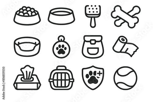 Pet Care Icons. Pet Care Essentials Set linear icon set: food bowl, water dish, grooming brush, chew toy, pet bed, collar tag, training treat pouch, waste bag roll, hygiene wipes