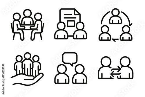 Collaborative Team Icons. Business Teamwork Set linear icon set: group meeting, shared file, teamwork circle, collaboration arrows, support hand, discussion bubble