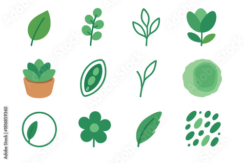 Minimalist Plant Icons. Modern Greenery flat icon set: minimalist leaf, eucalyptus branch, line-art plant, abstract flower, potted succulent, seed pod, stem outline, watercolor