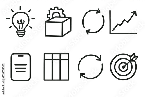 Lean Startup Icons. Lean Startup set of icons in doodle hand-drawn vector style. idea bulb, product prototype, feedback loop, growth chart, MVP screen, sprint board, iteration
