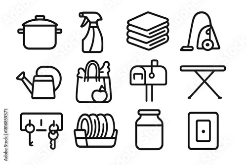Home Essentials Icons. Everyday Home Activities linear icon set: cooking pot, cleaning spray, folded laundry, vacuum cleaner, watering can, grocery bag, mailbox, ironing board, key