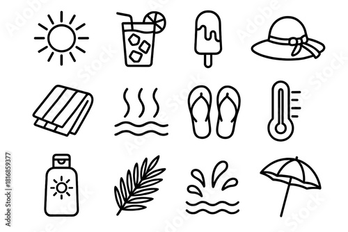 Summer Essentials Icons. Hot Summer Day linear icon set: bright sun rays, iced tea glass, popsicle, sun hat, towel, heat waves, sandals, thermometer icon, sunscreen bottle, palm