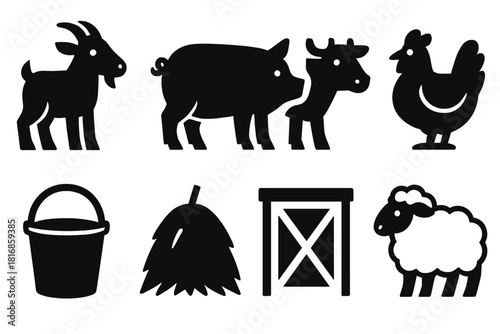 Bold Livestock Icons. Livestock Animals Set silhouette icon set. goat, pig, cow, hen, sheep, bucket, haystack, barn door.