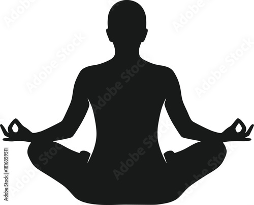Black Silhouette Vector Illustration Of A Person Sitting Calmly In The Classic Lotus Position Padmasana During Deep Meditation Achieving Inner Peace And Spiritual Balance With Gyan Mudra Han