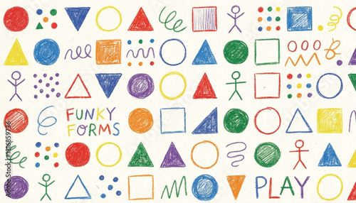 Funky crayon drawn geometric shapes and lines. Colorful pencil or chalk drawn naive Swiss design aesthetic. Basic geometric shapes, dots, playful pattern, primitive forms and figures