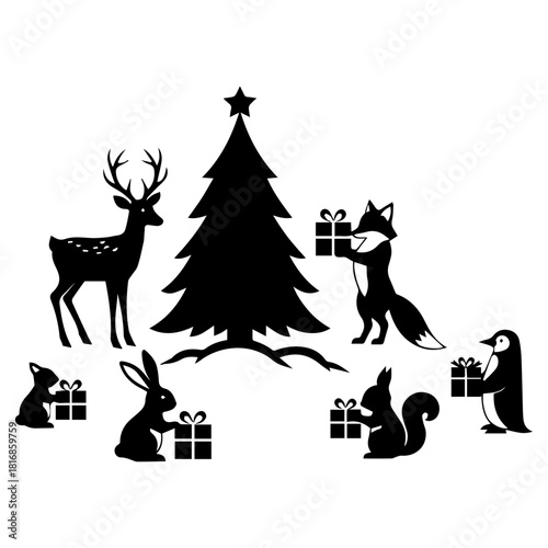Primitive Style Christmas Tree with Woodland Animals Vector Illustration
