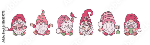 Trendy pink Christmas gnomes cute set. Retro vintage collection of cartoon fairy tale characters. Scandinavian folklore dwarf toy little Santa. Funny beard and hat. Fun holiday icons for Xmas designs.
