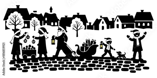 Festive Christmas Street Scene with 5 Characters in Silhouette Vector, Cobblestone Base, Primitive Style
