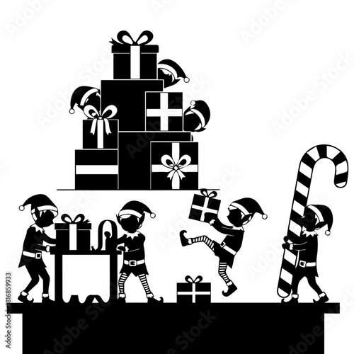 Elves Working in Workshop Silhouette, Christmas Gift Wrapping, Candy Carrying, Primitive Style, High-Resolution Vector Illustration
