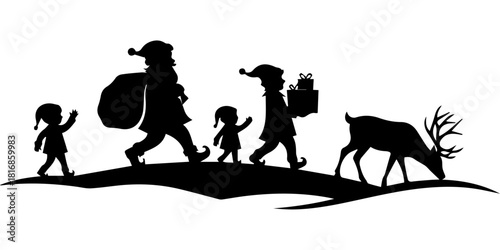 Festive Christmas Scene with Santa, Elves, Reindeer, and Child Silhouettes on White Background