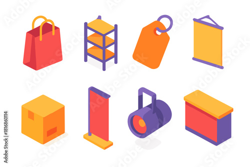 Vibrant Retail Icons. Retail Setup flat icons set. shopping bag, shelf, price tag, poster, product box, banner, spotlight, counter
