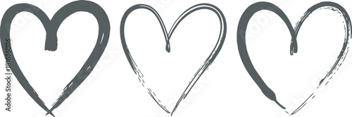 Three distinct hand drawn brushstroke heart shapes, symbolizing love, romance, passion, and affection, isolated on a white background. Vector