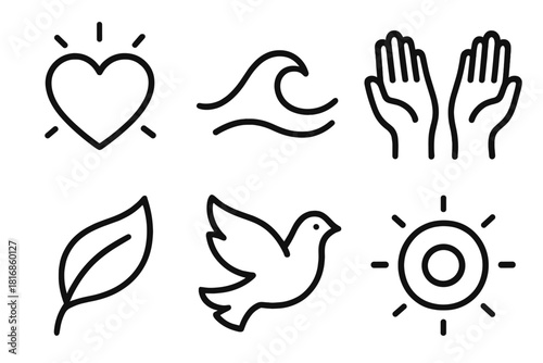 Iconic Freedom Emotions. Freedom Emotions linear icon set: heart glow, calm wave, uplifted hands, fluttering leaf, peaceful dove shape, expanding circle