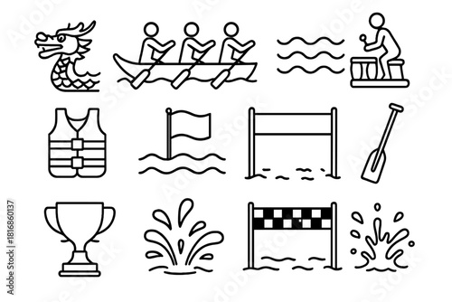 Dragon Boat Icons. Dragon Boat Racing linear icon set: dragon boat, paddle, water waves, drum, team rowers, life vest, flag, starting line, oar blade, trophy, splash, finish line