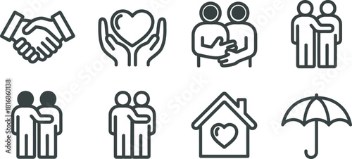 Line icons representing human connection, care, protection, support, relationships, family, partnership, and community. Vector