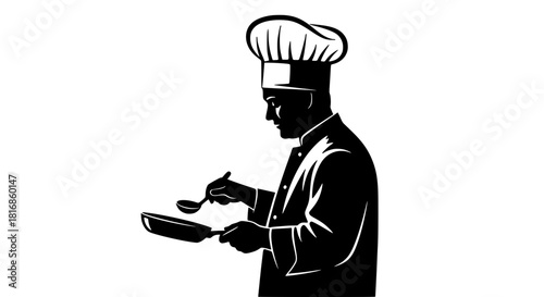 A professional male chef in a traditional uniform and toque cooking food in a frying pan
