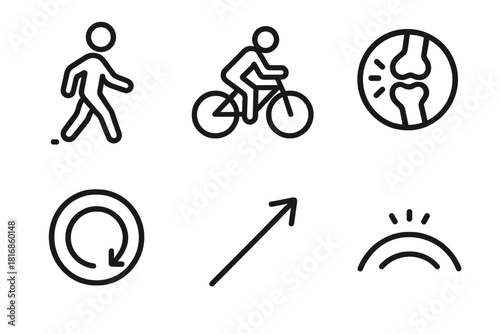 Active Recovery Icons. Active Recovery Set linear icon set: light walk figure, low-intensity cycle, joint mobility icon, breathing circle, soft pace arrow, gentle movement arc
