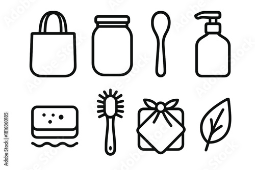 Zero Waste Icons. Zero Waste Lifestyle linear icon set. tote bag, jar, wooden spoon, refill bottle, soap, brush, cloth wrap, leaf