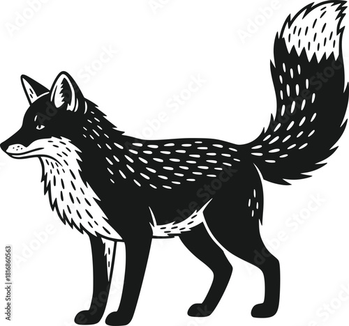 Stylish Black and White Fox Vector Illustration Standing Proudly With Textured Fur Details and Upright Tail Isolated on a Clean White Background Perfect for Logos Branding and Wildlife Desig