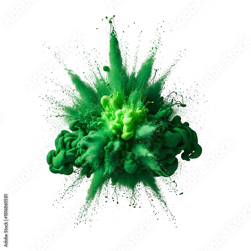 Vibrant green powder explosion creating a dynamic burst of color and texture, isolated on transparent background