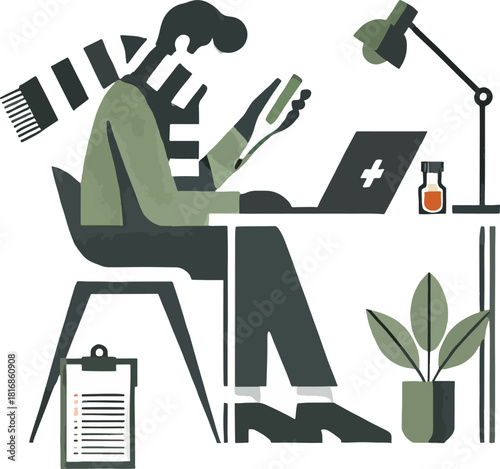 Illustration of a person using laptop with medical theme and elements in a creative style