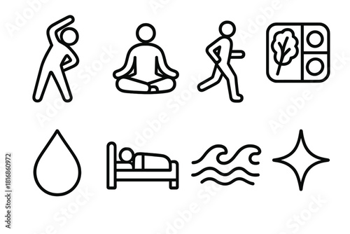 Healthy Habits Icons. Healthy habits actions linear icon set: stretching pose, meditation figure, jogging silhouette, meal prep box, hydration droplet, early bedtime, deep breath