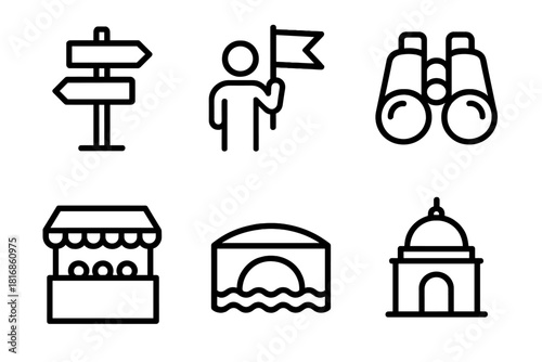 Destination Exploration Icons. Destination Exploration linear icon set: footpath sign, guided tour flag, binoculars, local market stall, river bridge, cultural monument