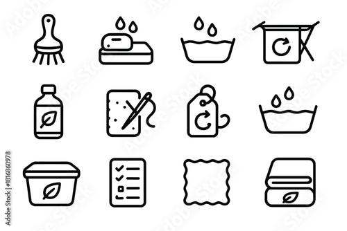 Eco Material Care Icons. Eco-Conscious Material Care Set linear icon set: natural fiber brush, biodegradable soap, gentle wash basin, air-dry rack, plant-based polish, repair