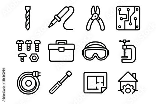 Technical Workshop Icons. Technical Workshop Symbols linear icon set: drill bit, soldering iron, wire cutter, circuit board, screw set, toolbox lid, safety mask, bench clamp, cable