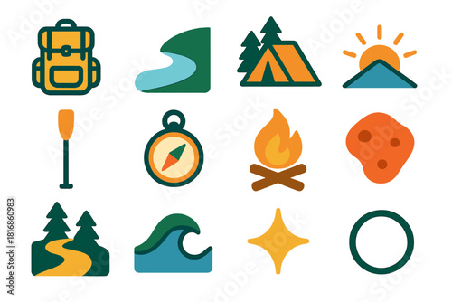 Outdoor Adventure Icons. Outdoor Recreation Culture Set flat icon set: backpack icon, lakeside curve, forest camp, sunrise peak, paddle symbol, trail compass, campfire glow