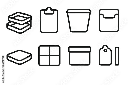 Space-Saving Modular Icons. Modular Space-Saving System linear icon set: tiered tray, clip panel, collapsible bin, pocket module, stack lid, compartment cube, slim divider, handle
