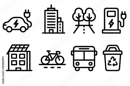 Sustainable City Icons. Sustainable Cities linear icon set: electric car, smart building, tree-lined street, EV charging station, rooftop solar, bicycle lane, public transit