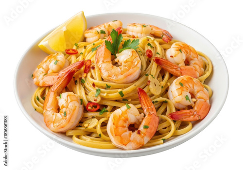Delicious shrimp pasta with lemon wedge and parsley, isolated on transparent background