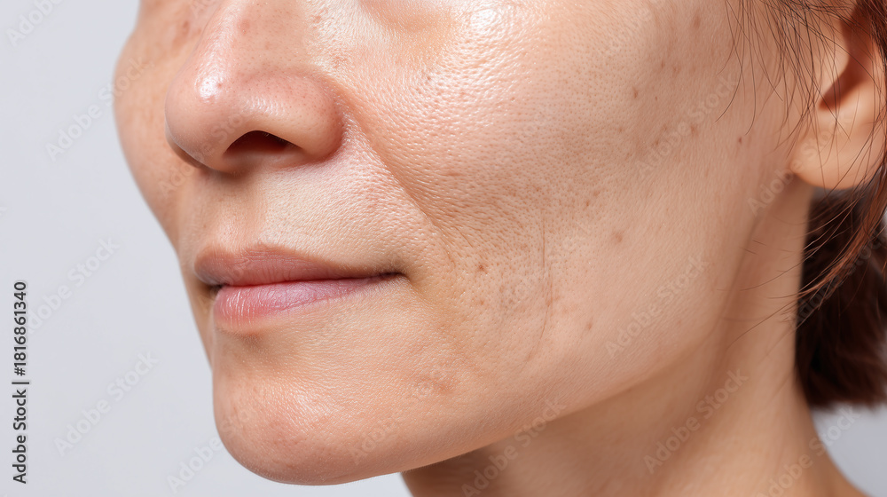 Fototapeta premium Balanced skin close up middle aged woman smooth texture natural complexion healthy glow minimal makeup facial pores subtle smile even tone calm expression