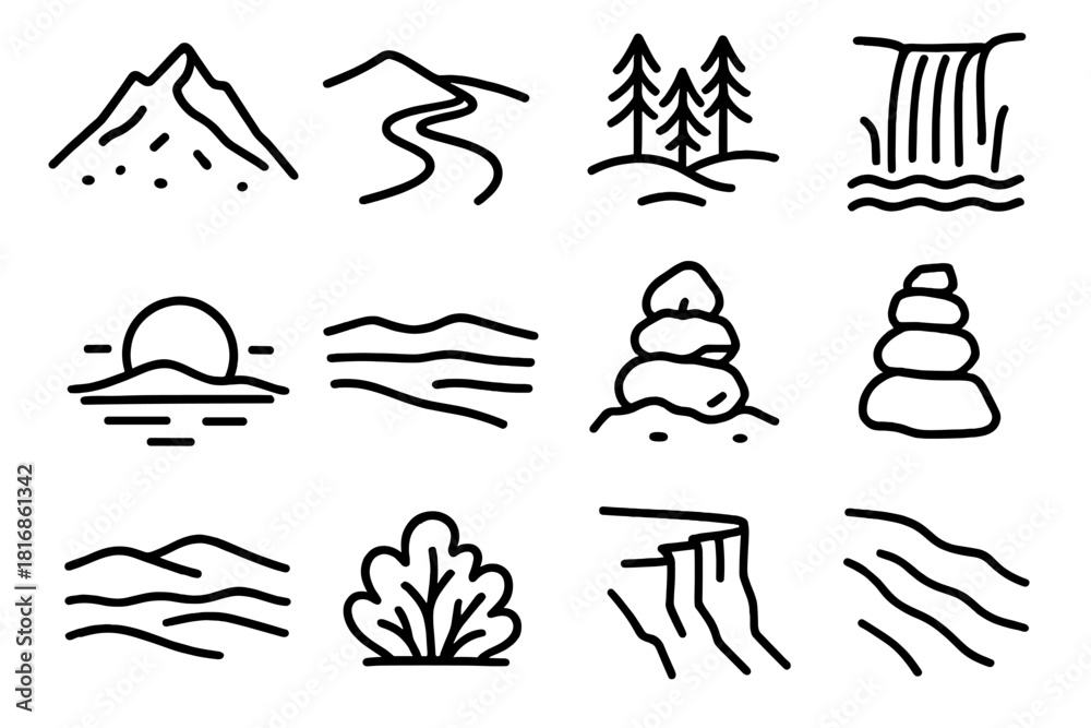 Fototapeta premium Nature Icons In Black. Outdoor Vista Pack linear icon set: mountain peak, winding path, tree grove, waterfall drop, sunset disk, open plain, rock stack, shrub outline, mist layer